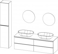 Grande TOP / Komposition V / 160 + 35 cm
- Unterschrank GRANDE TOP 160, 4 Schublade
- 2x Waschbecken TITAN Long round
- 2x Spiegel JAZZ 70
- Hochschrank GRANDE mit Griffen